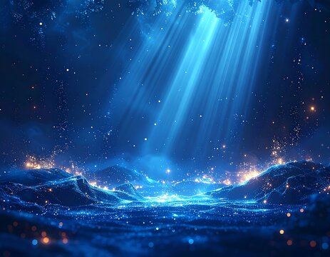 Deep blue abstract landscape with celestial light beams piercing through - Powered by Adobe