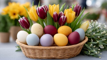 Easter basket with colorful eggs and spring tulips