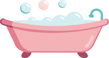 Naklejka premium Cute pink bathtub filled with bubbles and water drops
