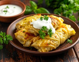 Close-up of stuffed cabbage rolls with sour cream