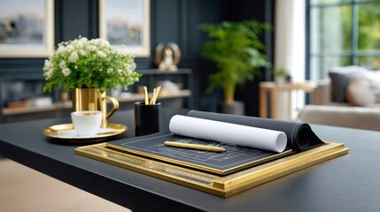 Designer desk with blueprint and coffee cup