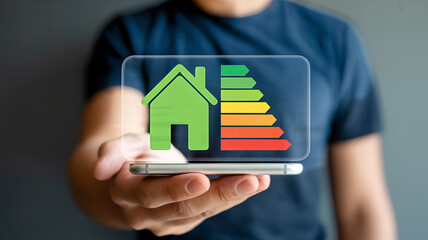 Person holding a smartphone displaying energy efficiency rating of a house