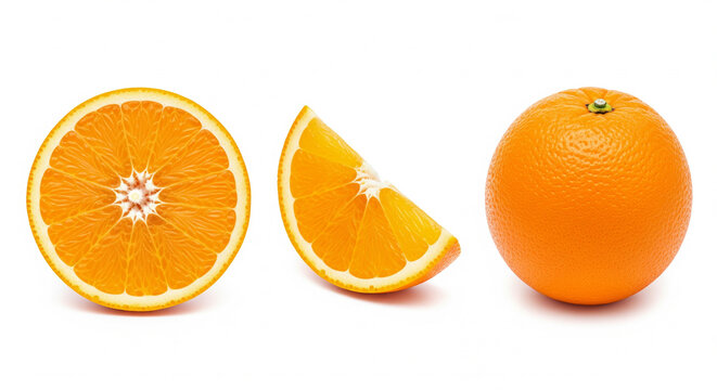 A whole orange on the right, a cut orange half on the left, and an orange wedge in the center, showcasing freshness and vibrant color.