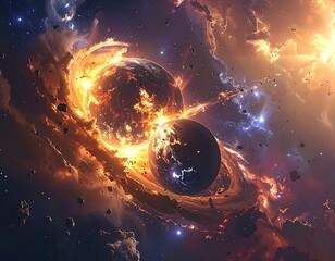 Cosmic display of celestial bodies amidst fiery explosions and nebulae