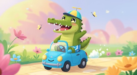 Obraz premium Adorable crocodile cartoon happily driving a blue car along a blooming garden path