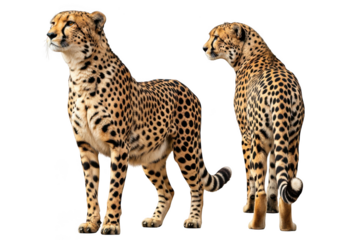Two cheetahs standing side by side, showcasing distinctive spots and agile physique against a transparent background.