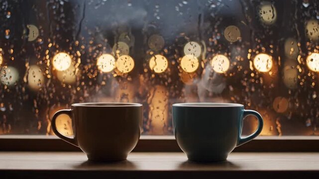 Two steaming cups of coffee by a rainy window with blurred lights.