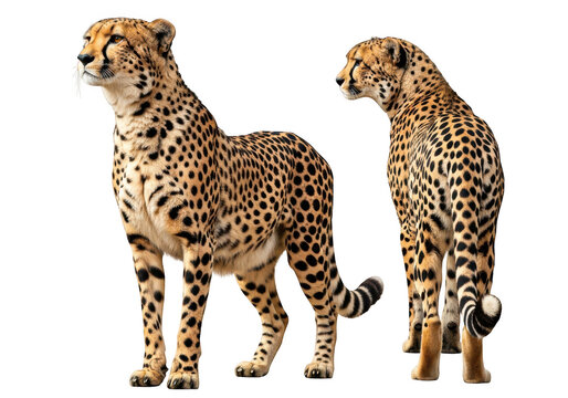 Two cheetahs standing side by side, showcasing distinctive spots and agile physique against a transparent background. - Powered by Adobe