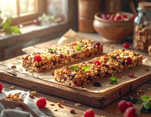 Close-up of two granola bars on a wooden surface, ready to eat