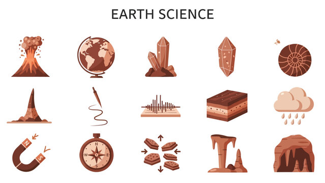 Collection of fifteen browntoned icons representing Earth Science concepts arranged in a 3x5 grid