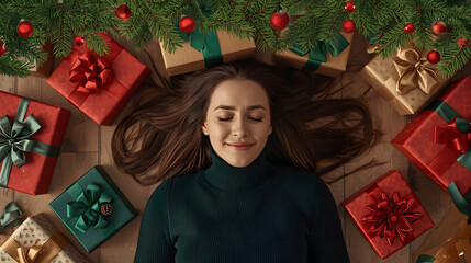 Serene holiday scene of woman resting among Christmas gifts, cozy winter celebration, flat lay lifestyle image with festive decoration