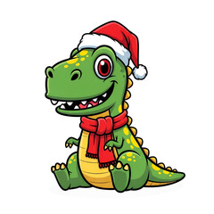 Obraz premium Cute Christmas Dinosaur Cartoon Character Wearing Santa Hat and Scarf Isolated on Transparent Background