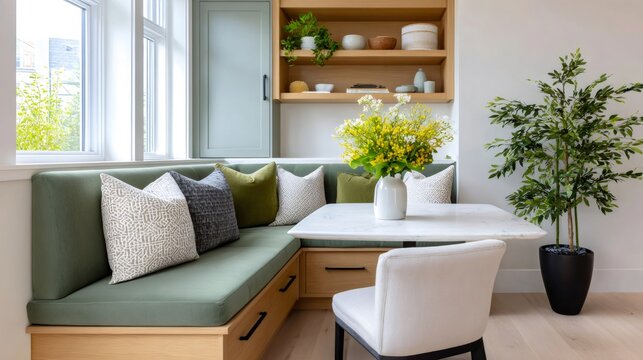 Modern dining nook with green banquette seating interior