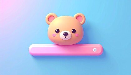 A cute, 3D rendered bear head with rosy cheeks sits atop a pink loading bar against a light blue backdrop. A white circle is on the bar