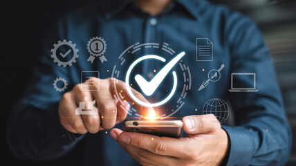 Person using smartphone with digital checkmark icon
