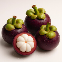 Fresh and Vibrant Mangosteens: Whole and Halved, Adorned with Dew Drops on a Pristine White Background, Showcasing the Exotic Tropical Fruit.