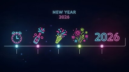 Neon new year 2026 countdown with clock fireworks and bottle