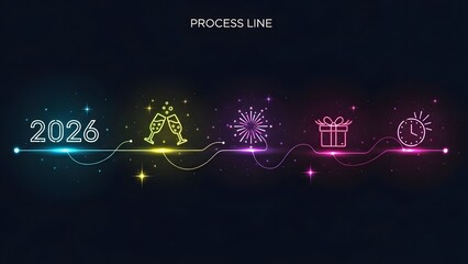Naklejka premium Neon new year 2026 process line with festive champagne fireworks and gift icons