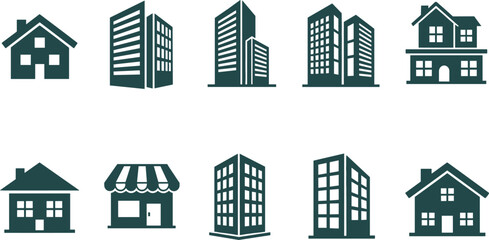 Set of Urban and Suburban Building Icons in Monochrome Style – Residential, Commercial, Office, Apartment, Storefront, Real Estate Graphics © Mst