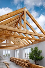 Fototapeta premium House construction framing wooden roof trusses against sky