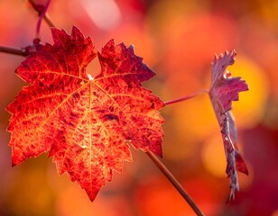 Close-up of vibrant red autumn leaves, backlit by warm sunlight