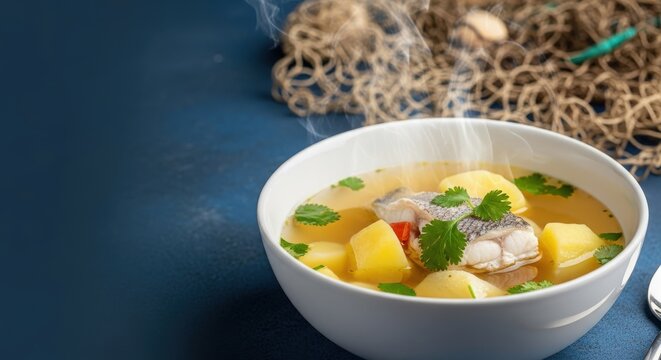 Clear Chilean Caldillo de Pescado in White Bowl &ndash; Fish Soup with Potatoes & Cilantro, Fishing Net & Copihue, Coastal Morning Light