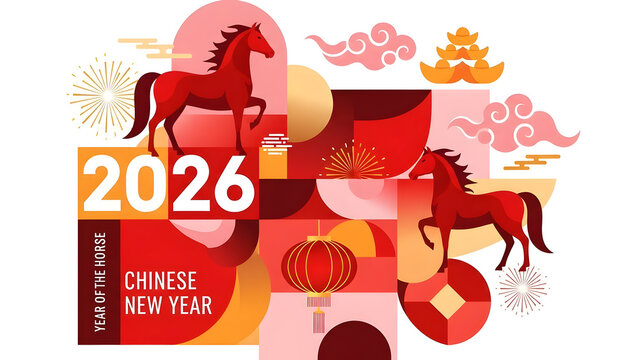 Vibrant 2026 chinese new year graphic with horses and lanterns