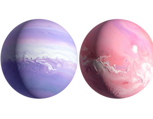 Two swirling, marbled planets in pastel pink and purple