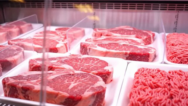 Freshly cut steaks displayed for sale in a grocery store.