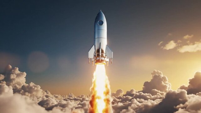 Rocket Launching into the Sky at Sunset, Space Exploration Vehicle, Outdoor View, Science and Technology Concept