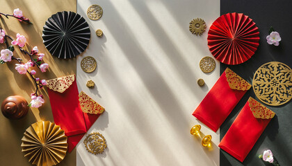 Chinese New Year Decorations with Red Envelopes and Festive Ornaments