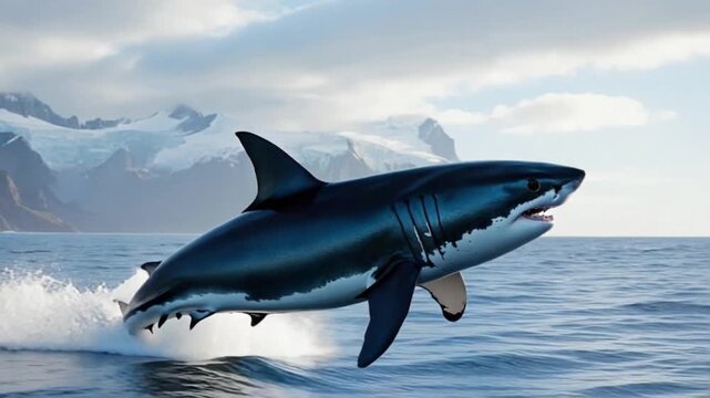 Great white shark leaping from the ocean with snowy mountains in the background view scene shark video