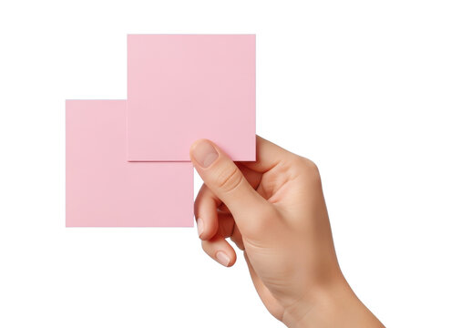 Woman's hand holding two blank pink sticky notes isolated on white background - Powered by Adobe