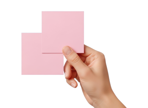 Woman's hand holding two blank pink sticky notes isolated on white background - Powered by Adobe