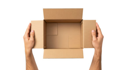 Open empty cardboard box held by hands from top view, isolated on white background
