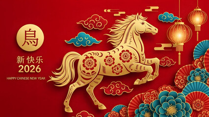Golden horse and lanterns on red background for chinese new year 2026