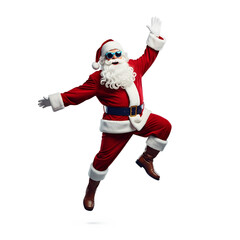 Cool Dancing Santa Claus Wearing Sunglasses Jumping in Mid Air Isolated on Transparent Background