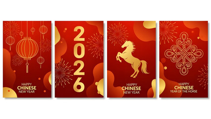 Set of 2026 year of the horse red and gold greeting cards