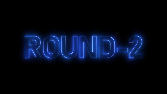 Round 2 neon bright text font colorful 4k video animation. Neon round up sign and upper round. next round text animation on black background.