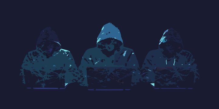 Three shadowy figures wearing hooded garments appear in a dark abstract illustration