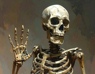 Close-up view of a skeleton posing with a hand raised