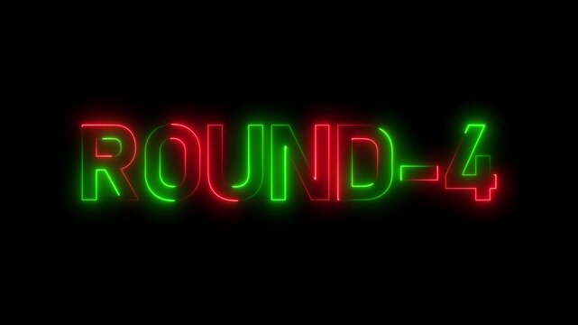 Round 4 neon bright text font colorful 4k video animation. Neon round up sign and upper round. next round text animation on black background.