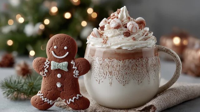 Warm Winter Christmas Gingerbread Man and Festive Hot Drink Cozy Scene