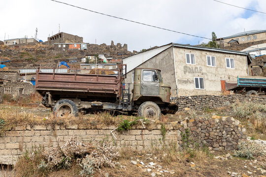 Old Soviet era truck parked in the remote village of Xinaliq in the Caucasus mountains