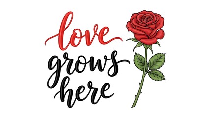 Love grows here red rose graphic