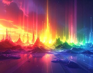 Colorful abstract landscape of light beams, mountains and reflection
