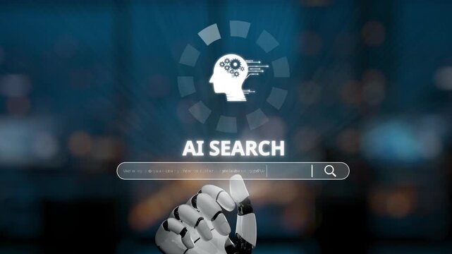 This image depicts a futuristic representation of artificial intelligence with a robotic hand emphasizing search capability and cognitive processing in a digital setting. Synapse