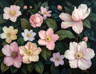 Close-up view of various delicate blossoms and foliage