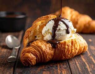 Croissant filled with vanilla ice cream and drizzled chocolate sauce