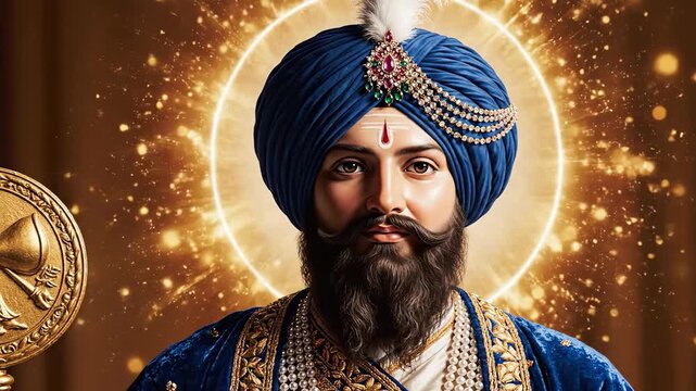 Radiant depiction of a revered Sikh figure in a blue turban with jeweled ornament and pearl necklaces, against a shimmering golden background, Gobind